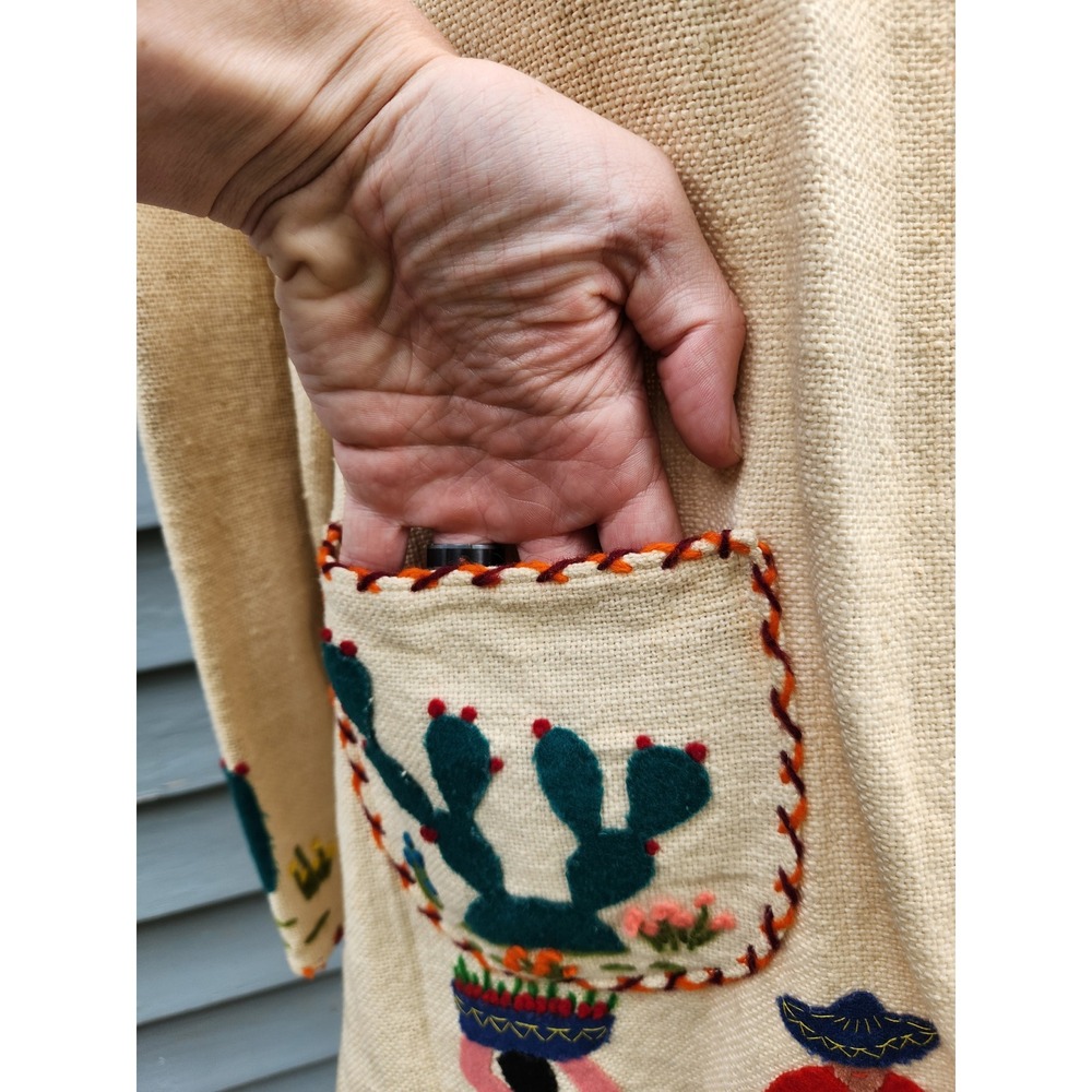 Vintage 50s Mexican Tourist Jacket Cream Embroidered Folk Art Applique Medium - Picture 6 of 8